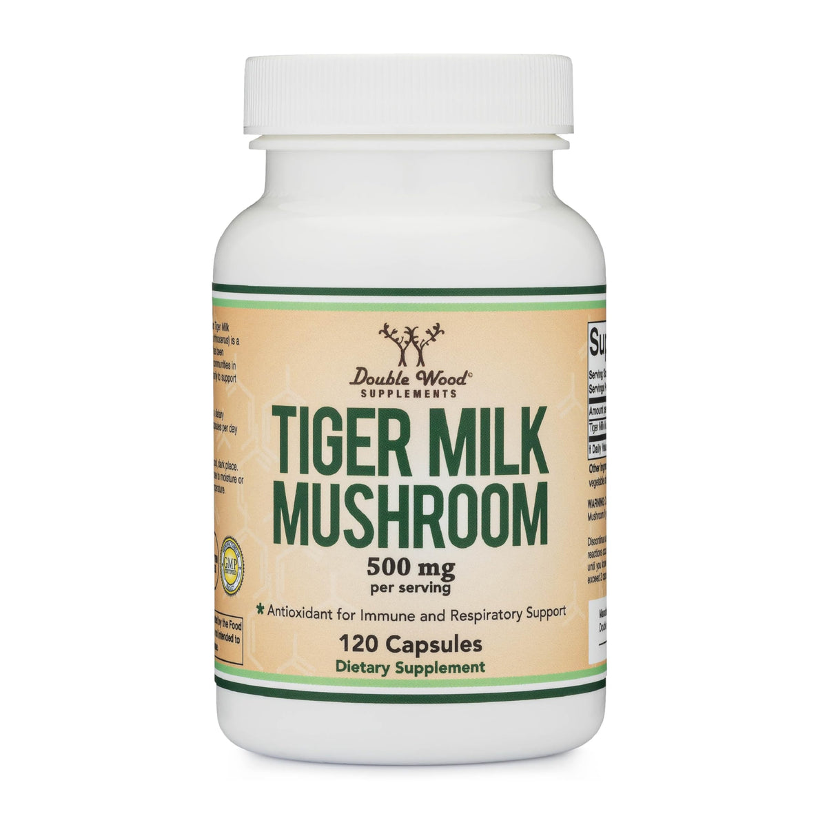 Front view of Double Wood Tigers Milk Mushroom bottle containing 120 capsules