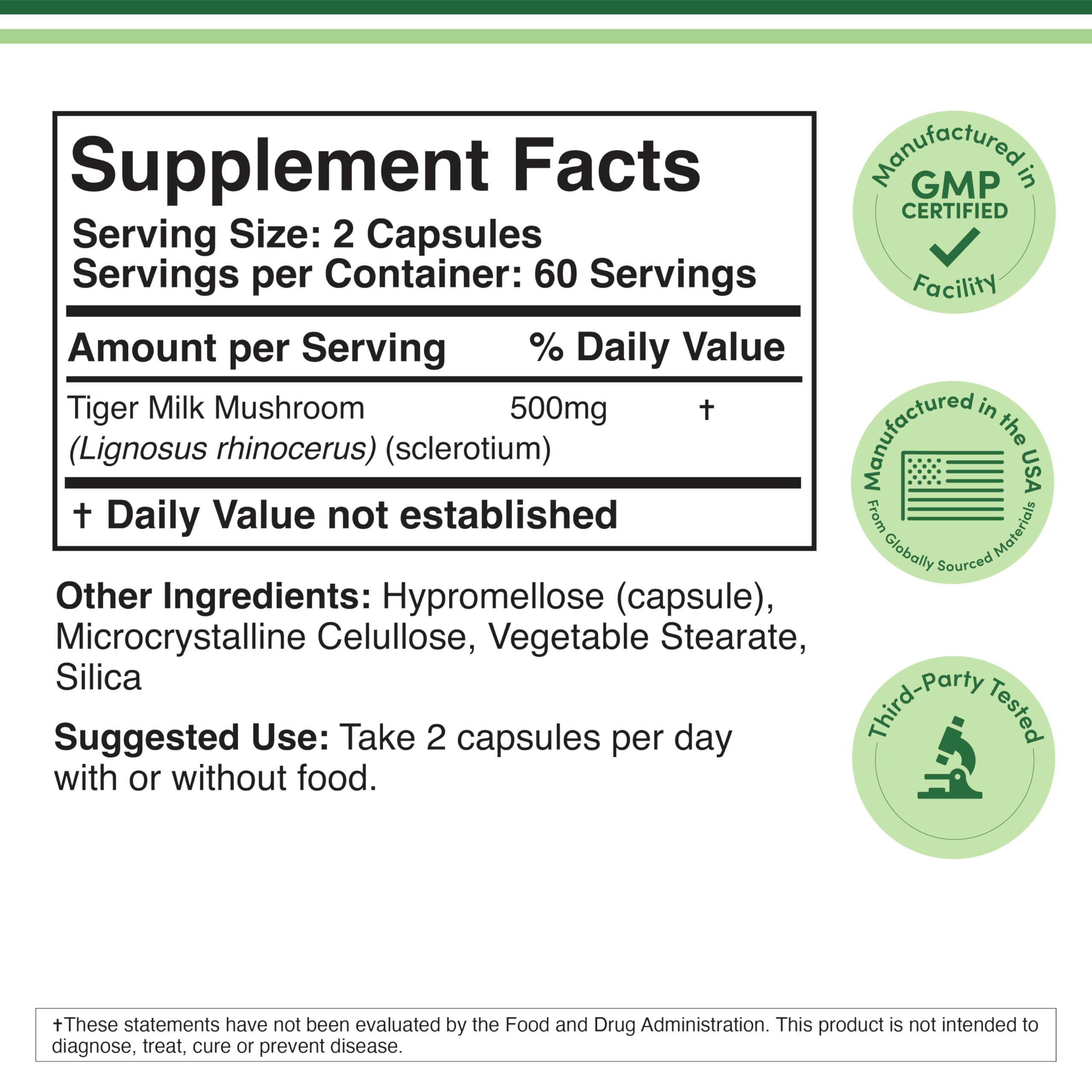 Back label of Double Wood Tigers Milk Mushroom bottle with supplement facts