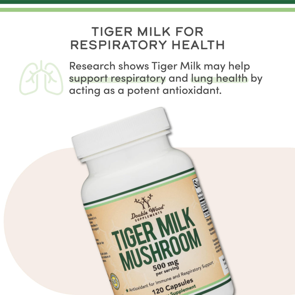 Close-up of 500mg tiger milk mushroom serving and capsules