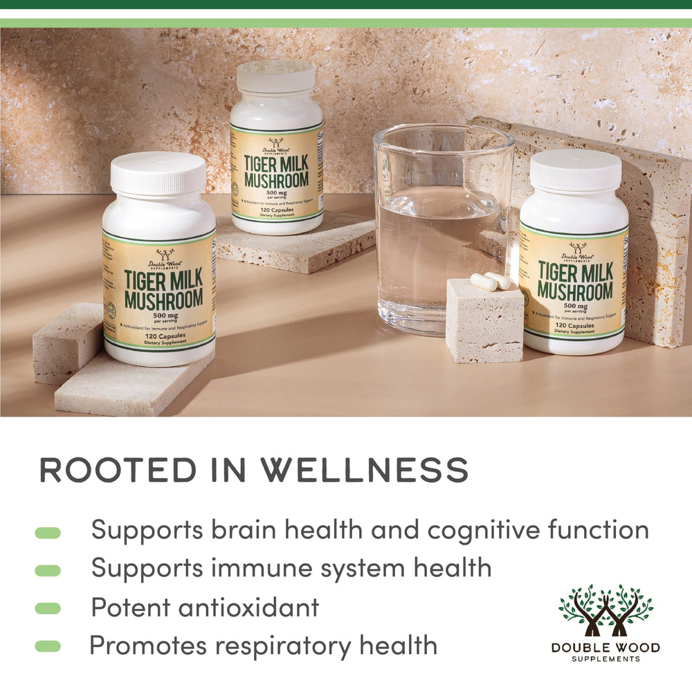 Vegan and Non-GMO icons on Double Wood Tigers Milk Mushroom packaging