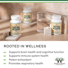 Vegan and Non-GMO icons on Double Wood Tigers Milk Mushroom packaging