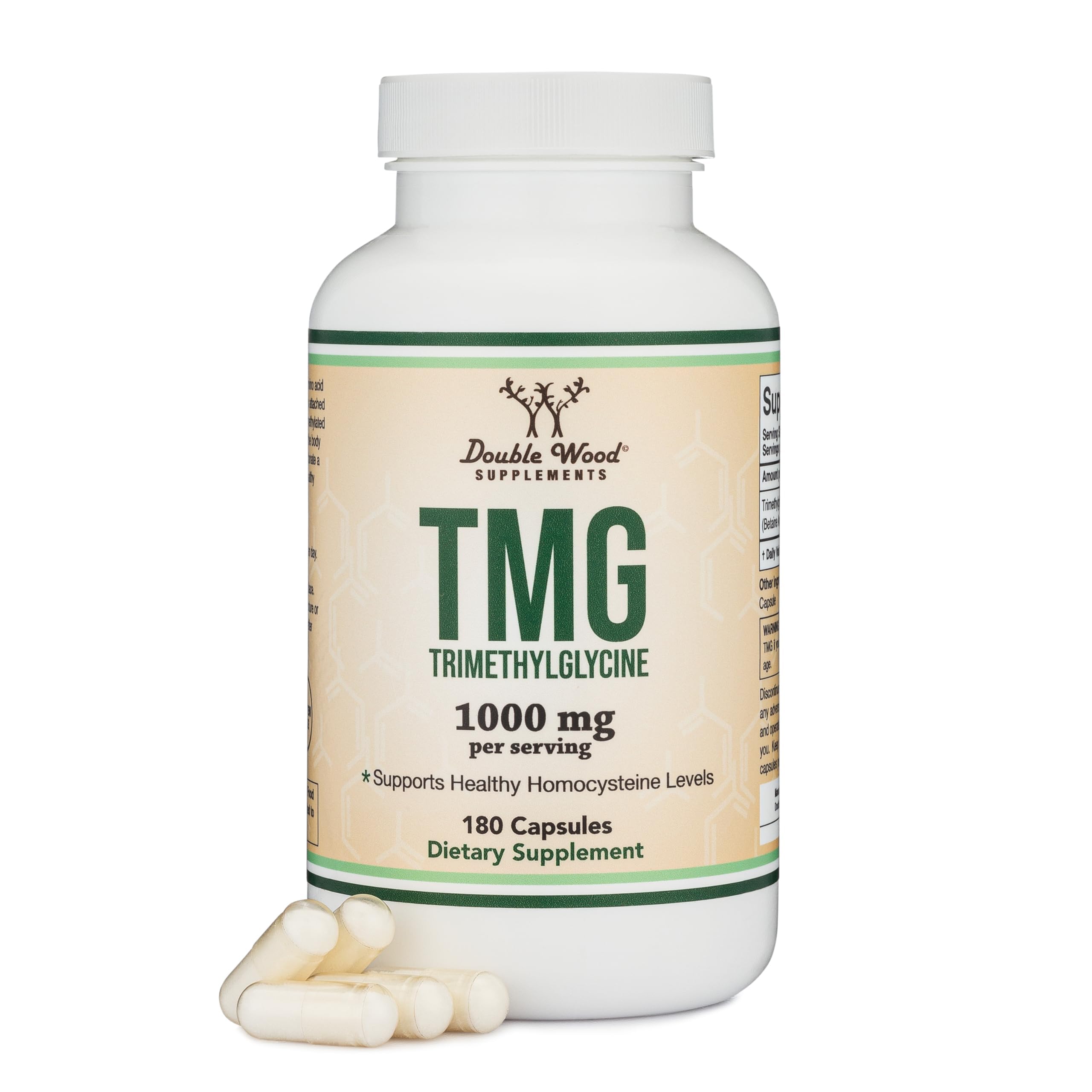 Front view of Double Wood TMG Trimethylglycine 1,000mg bottle with 180 capsules