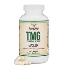 Front view of Double Wood TMG Trimethylglycine 1,000mg bottle with 180 capsules