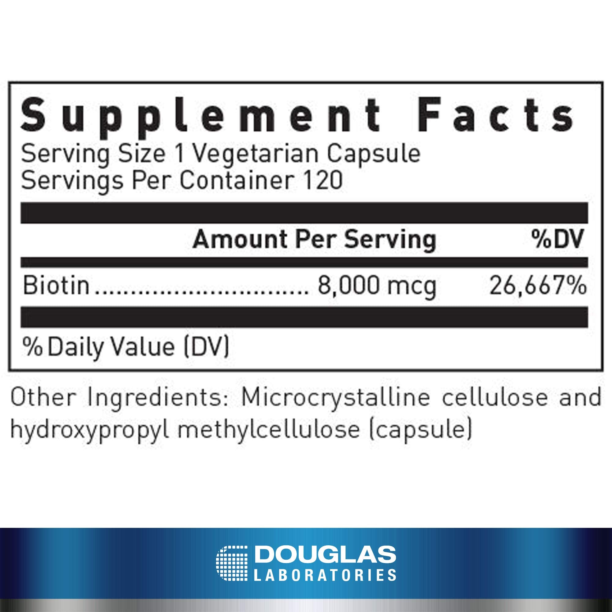 Close-up of Biotin 8 mg bottle label – Douglas Laboratories