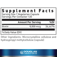 Close-up of Biotin 8 mg bottle label – Douglas Laboratories
