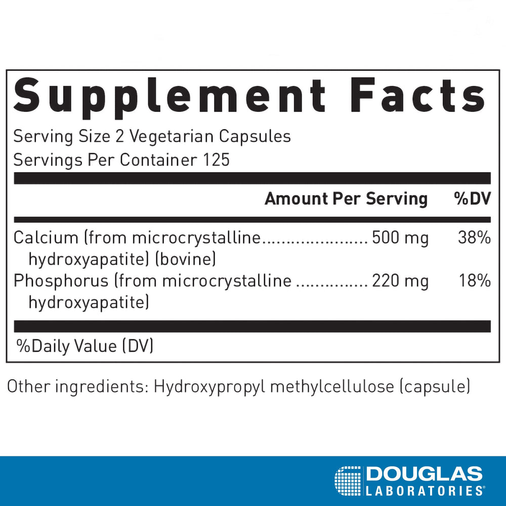 Douglas Laboratories Calcium Microcrystalline Hydroxyapatite ingredients panel highlights calcium and phosphorus nutrients.