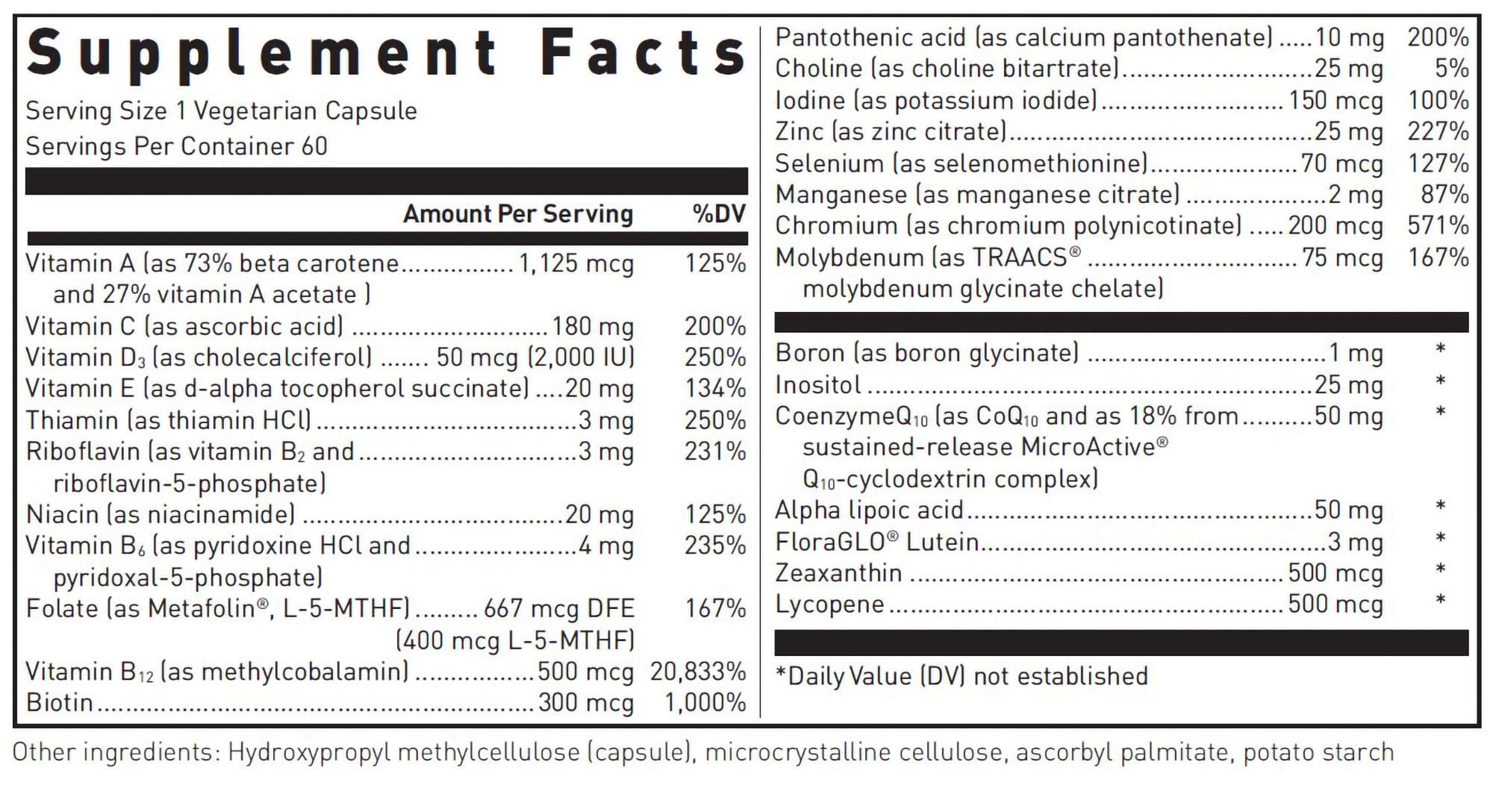 Douglas Laboratories Ultra Preventive 1 Daily label – clear display of essential vitamins and minerals.