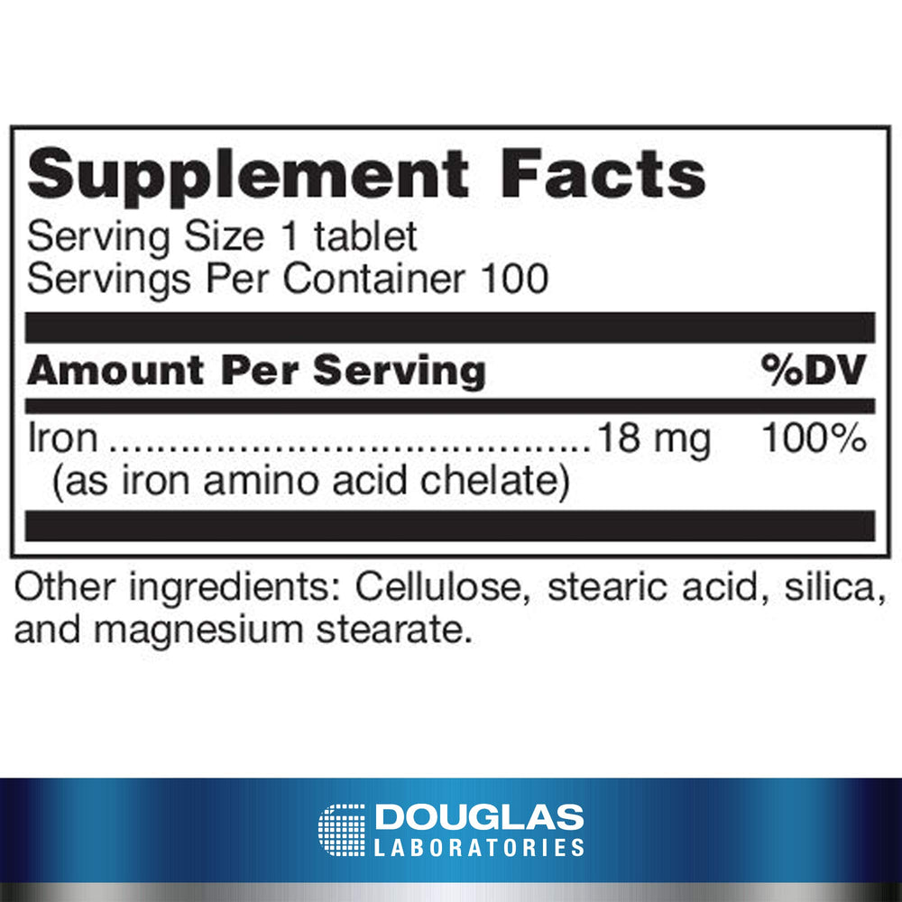 Back nutrition facts panel of Amino-Iron bottle