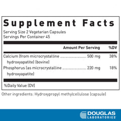 Supplement facts panel showing calcium 500 mg and phosphorus 260 mg