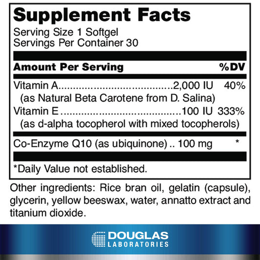 CoQ10 Plus Vitamin A & E softgels inside bottle