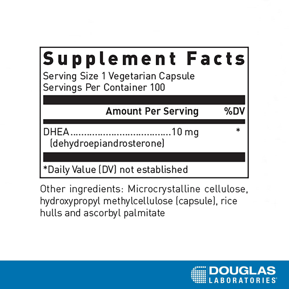 Front view of DHEA product packaging highlighting Non-GMO and vegan capsules