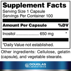 Close-up of Inositol 650 mg supplement bottle label - Douglas Laboratories