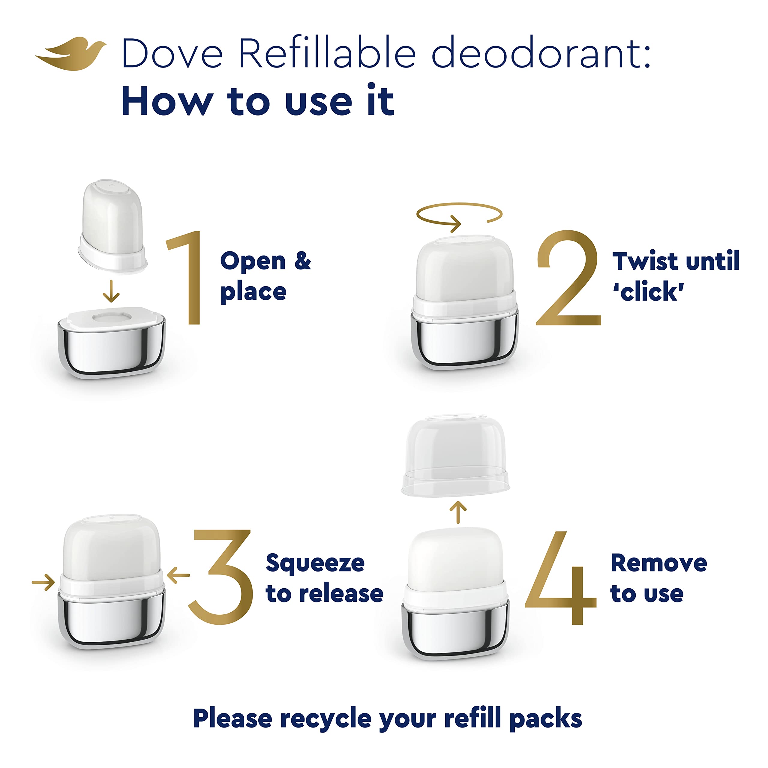 Dove packaging uses 98 percent recycled plastic refills for eco-friendly choice.