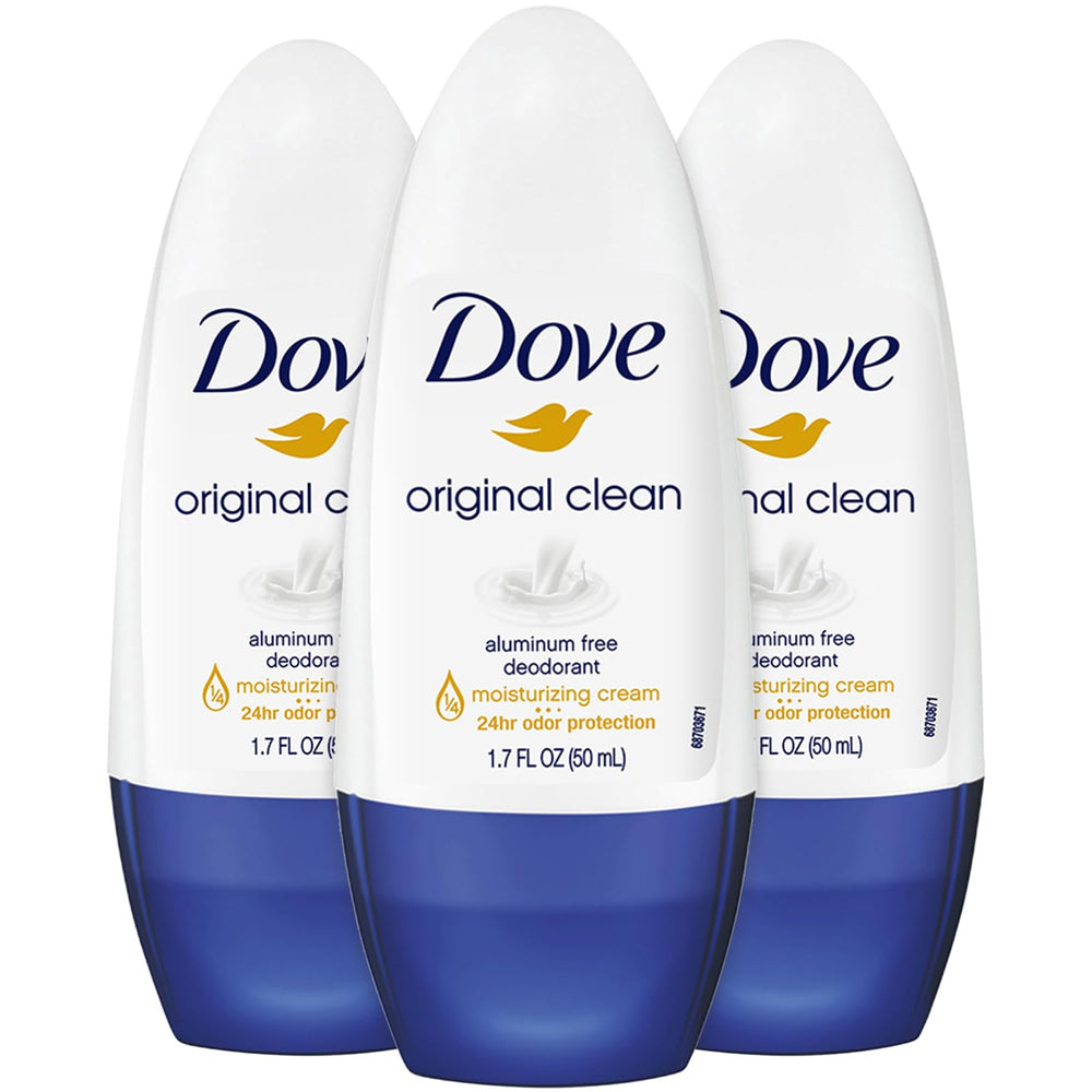 Dove Original Clean aluminum-free roll-on deodorant 3-pack for daily freshness.