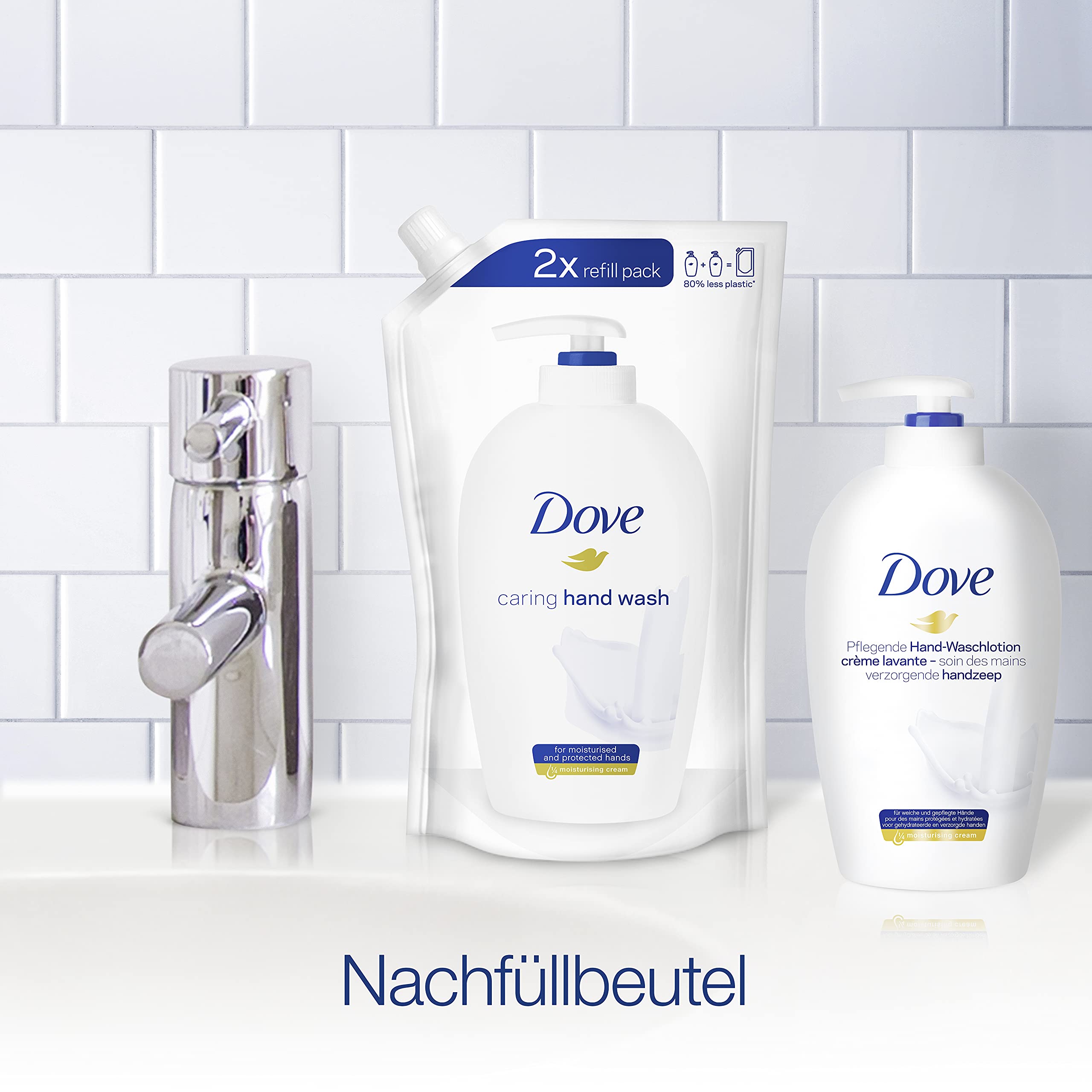 Dove Original refill bottle beside a pump dispenser for easy daily use
