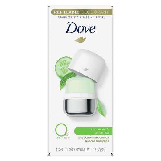Dove Refillable Deodorant Starter Kit with stainless steel case for sustainable freshness.