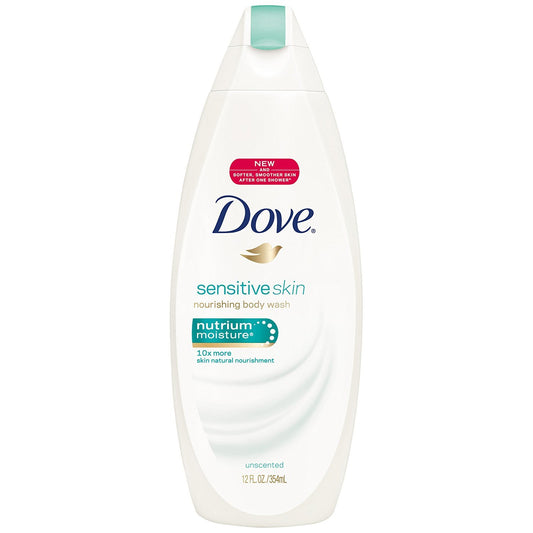 Dove Sensitive Skin Body Wash bottle highlighting gentle hydration for softer, comfortable skin.