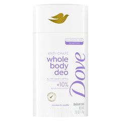Dove Whole Body Deo Coconut & Vanilla bottle delivers all-over odor protection for daily activities.