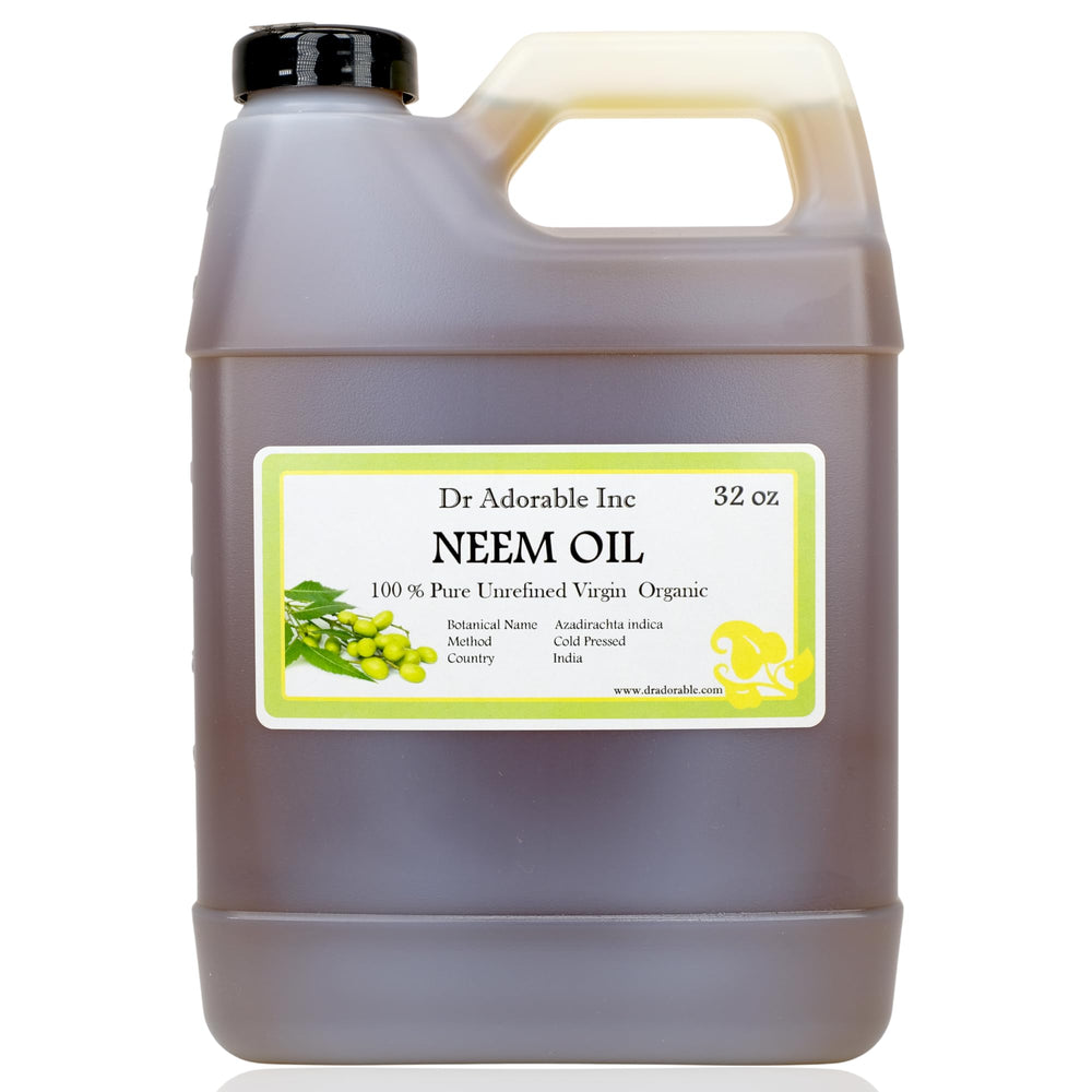 Dr Adorable Neem Oil bottle 32oz showcases pure oil ideal for nourishing skin and hair.