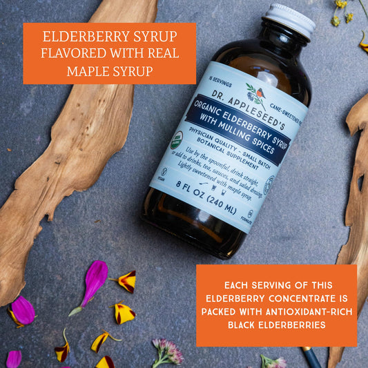 8 oz bottle of Dr. Appleseed's Elderberry Syrup with label