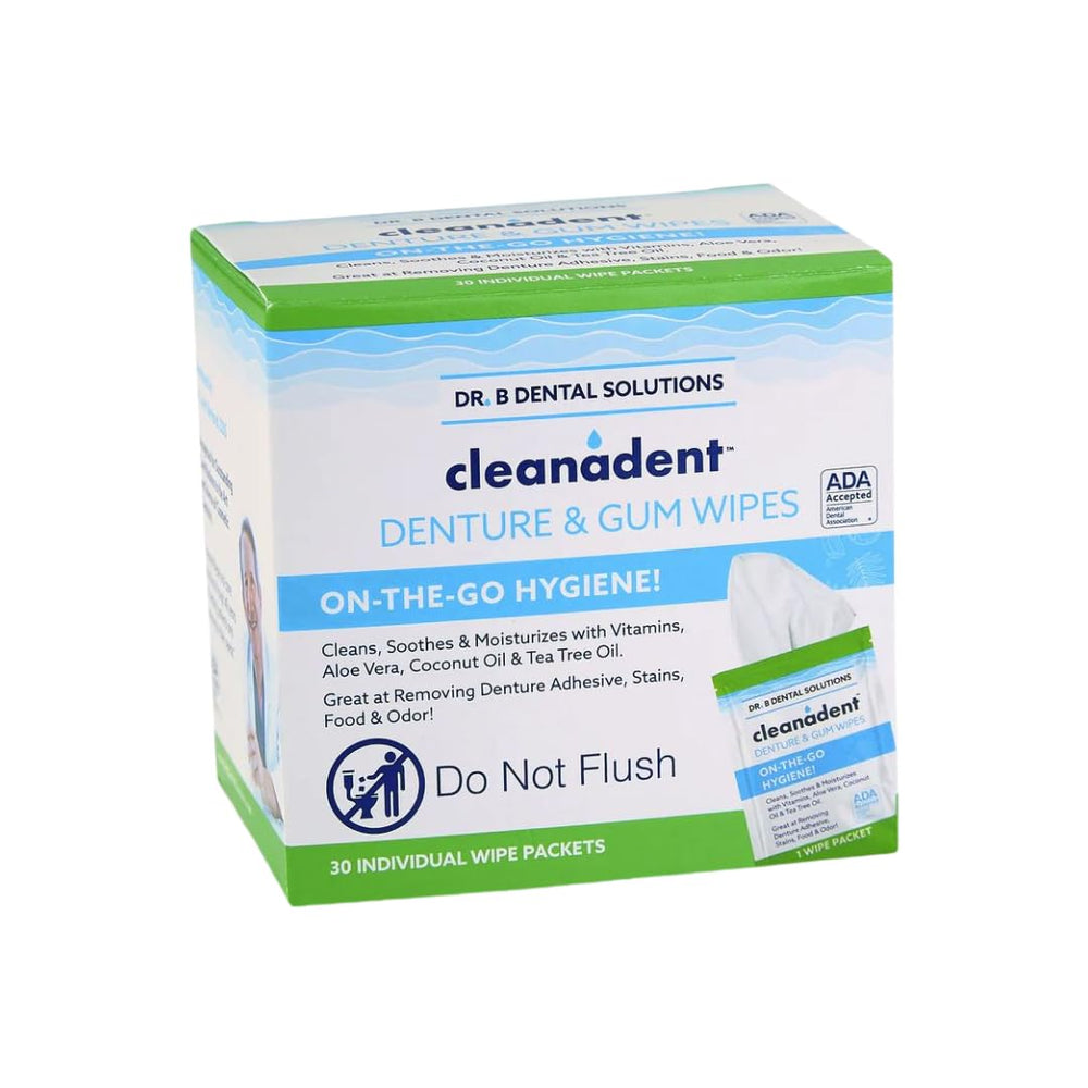 Front of Dr. B Dental Solutions Cleanadent Wipes 60-count box