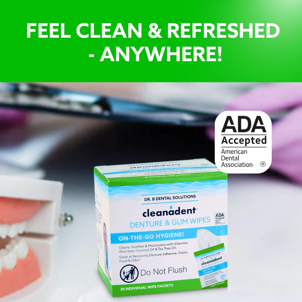 Open package of Cleanadent Wipes with wipes visible