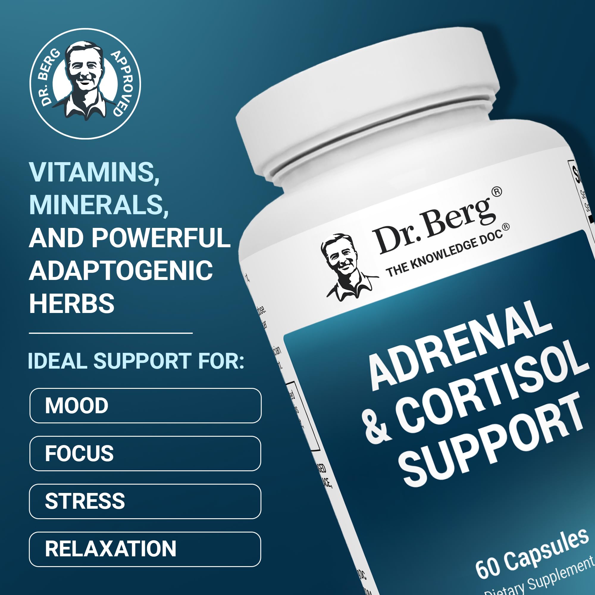 Close-up of Dr. Berg Adrenal & Cortisol Capsules bottle