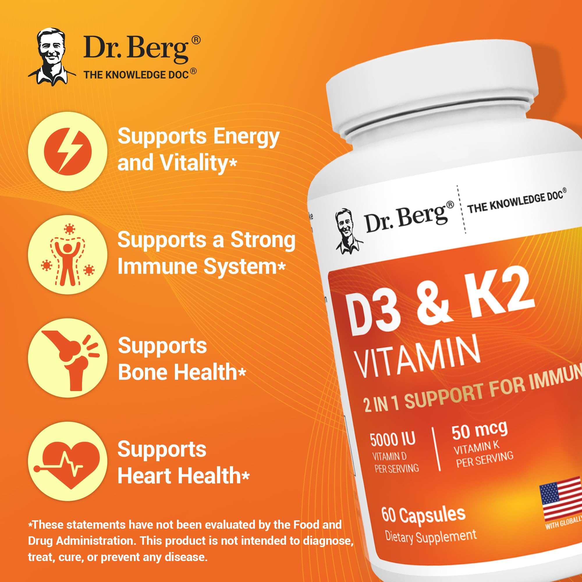Vitamin D3 K2 5000 IU capsules spilling from bottle