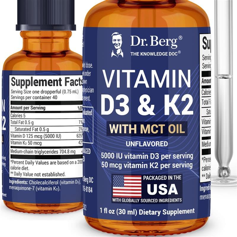 Front view of Dr. Berg D3 K2 liquid drops bottle, unflavored, 1 fl oz