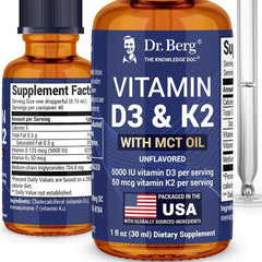 Front view of Dr. Berg D3 K2 liquid drops bottle, unflavored, 1 fl oz