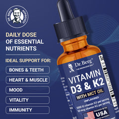 Close-up of bottle and dropper showing 5000 IU D3 and 50 mcg K2 dosage
