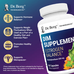 Dr. Berg DIM capsules beside a glass of water for daily regimen.