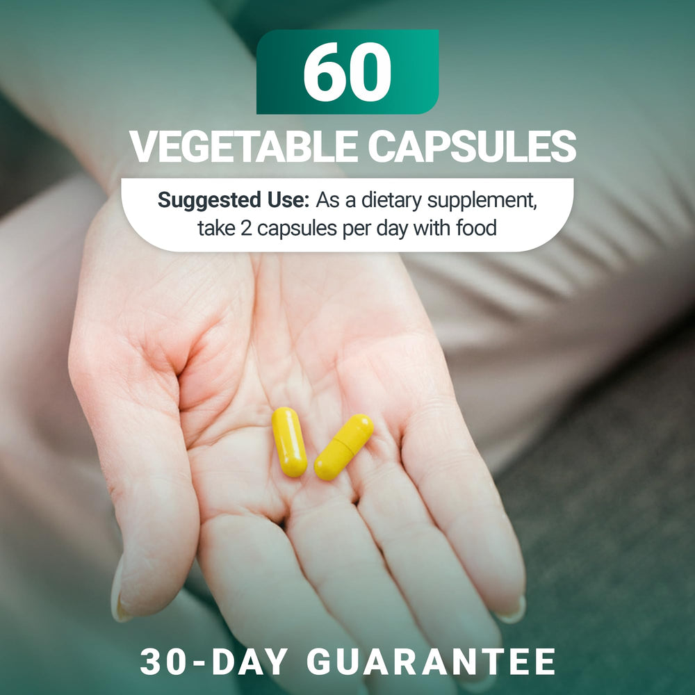 Illustration showing dosage of 2 capsules per day with meals