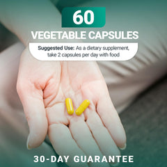 Illustration showing dosage of 2 capsules per day with meals