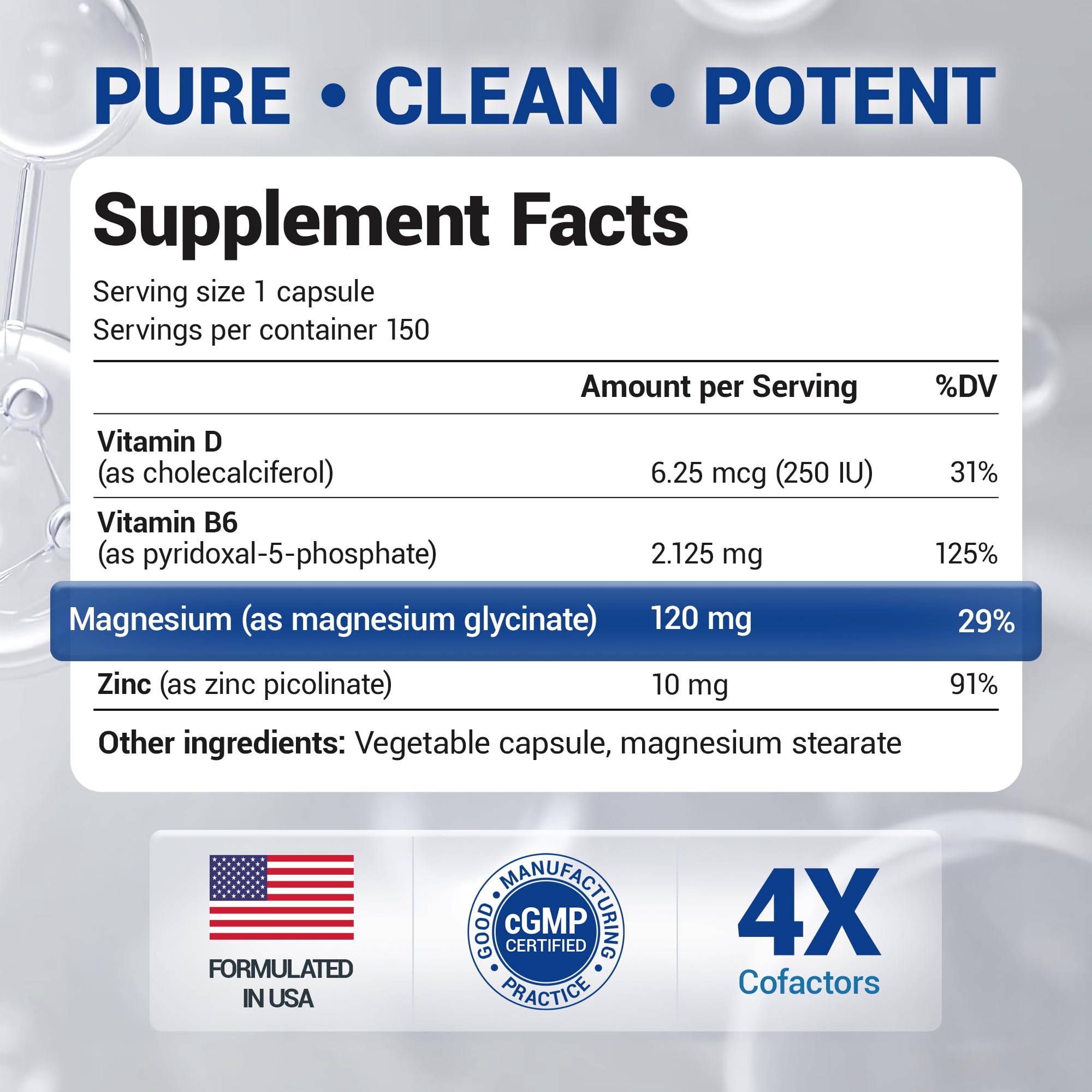 Ingredient panel showing magnesium glycinate, vitamin D3, vitamin B6, and zinc