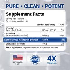 Ingredient panel showing magnesium glycinate, vitamin D3, vitamin B6, and zinc