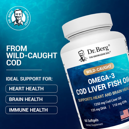 Product label showing lemon-flavored omega-3 cod liver oil with 60 softgels