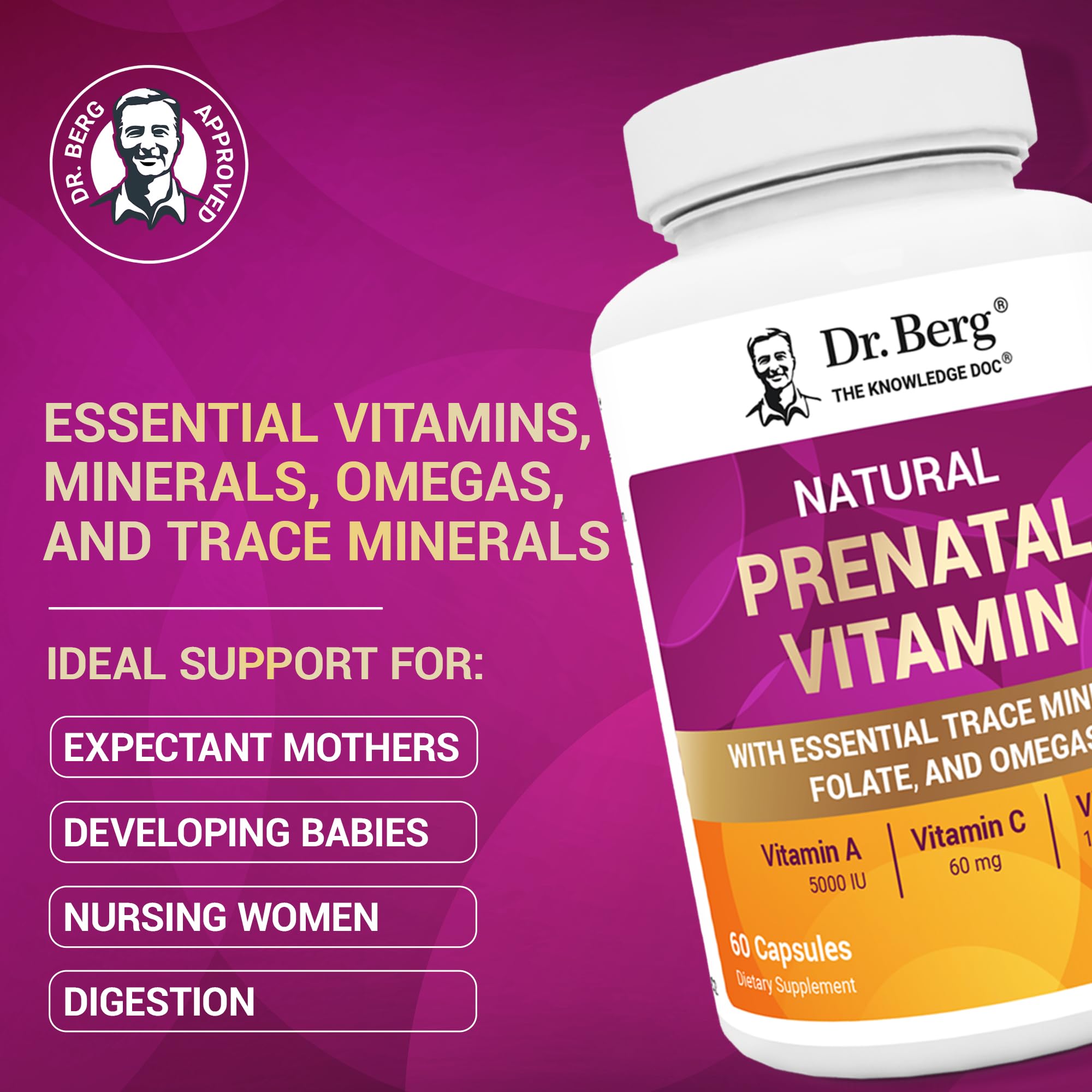 Dr. Berg Prenatal capsules close-up emphasizing easy-to-swallow design for daily use.