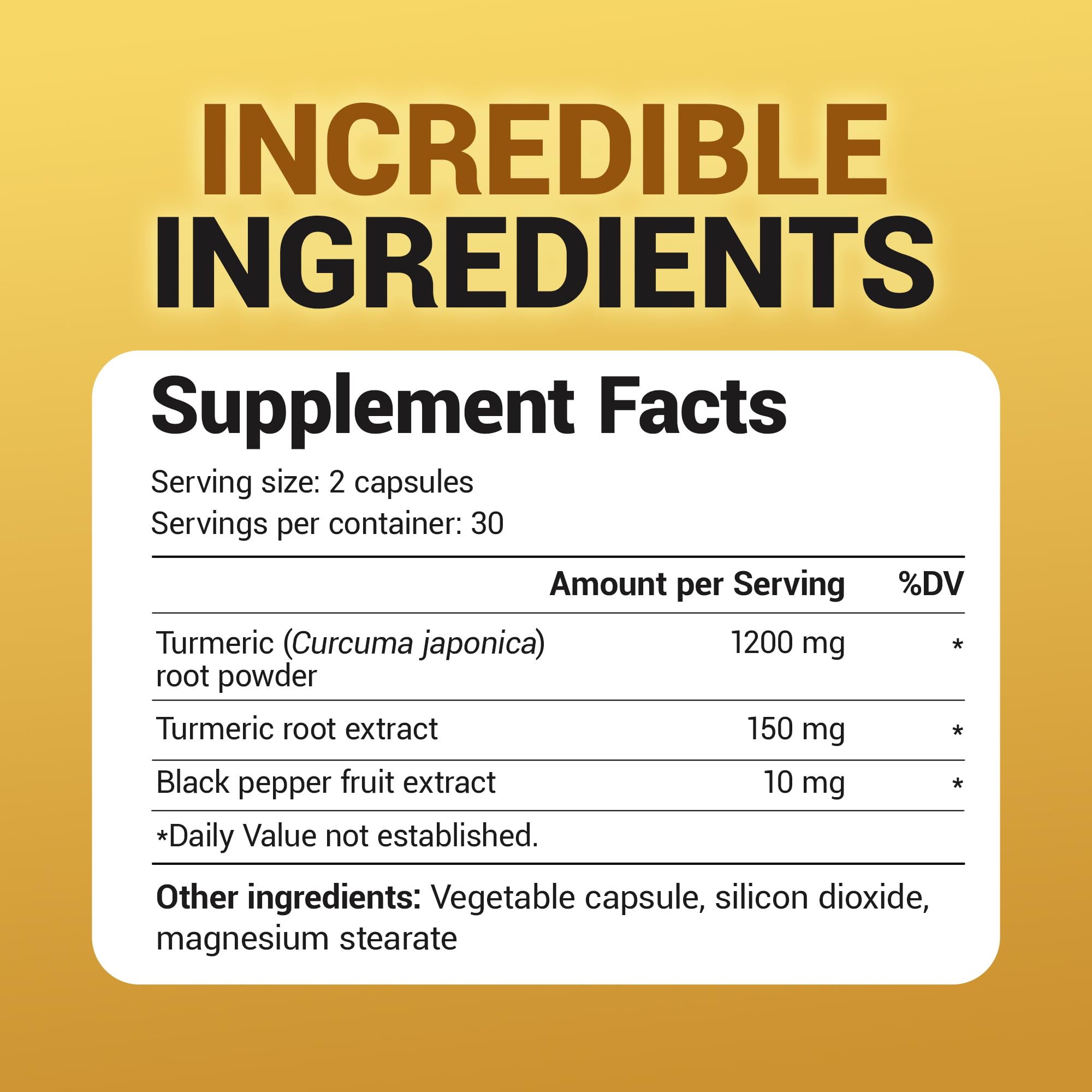 Close-up of turmeric root powder and turmeric extract with 1350 mg label