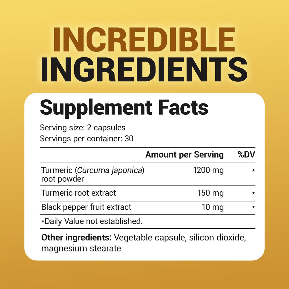 Close-up of turmeric root powder and turmeric extract with 1350 mg label