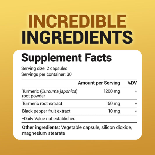 Close-up of turmeric root powder and turmeric extract with 1350 mg label