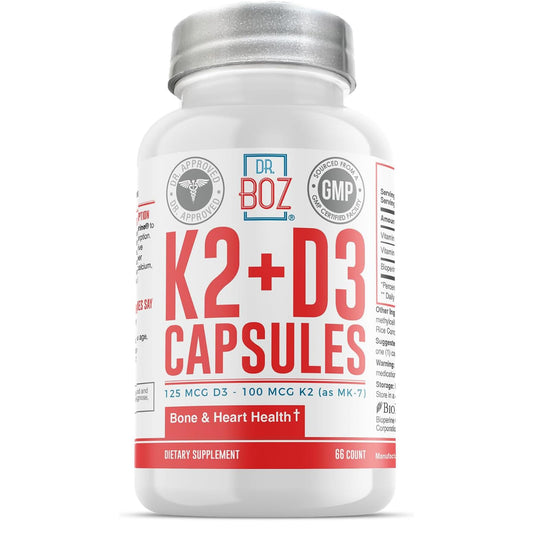 Front view of Dr. Boz K2+D3 Capsules bottle