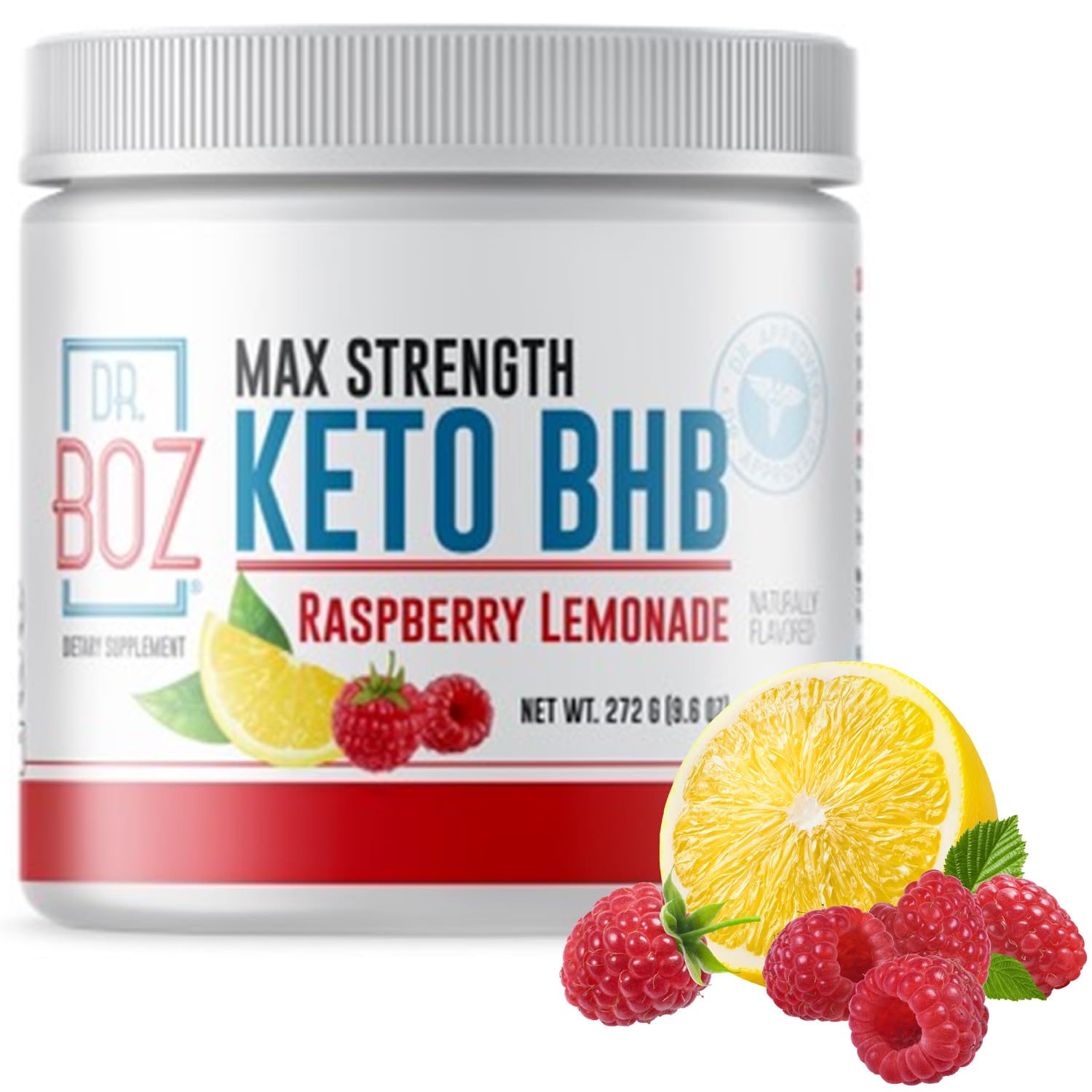 Dr. Boz Keto BHB Powder Raspberry Lemonade front view 9.6oz container