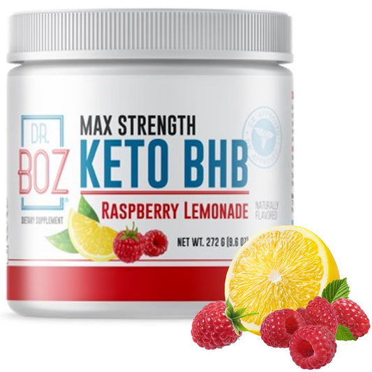 Dr. Boz Keto BHB Powder Raspberry Lemonade front view 9.6oz container