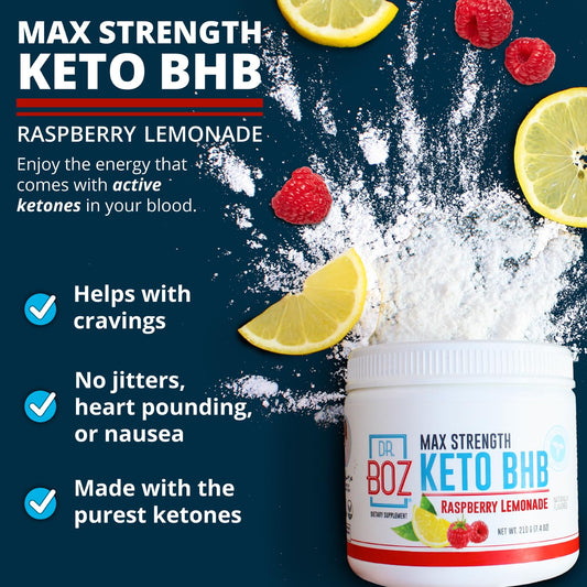 Back of Dr. Boz Keto BHB Powder Raspberry Lemonade container with nutrition facts