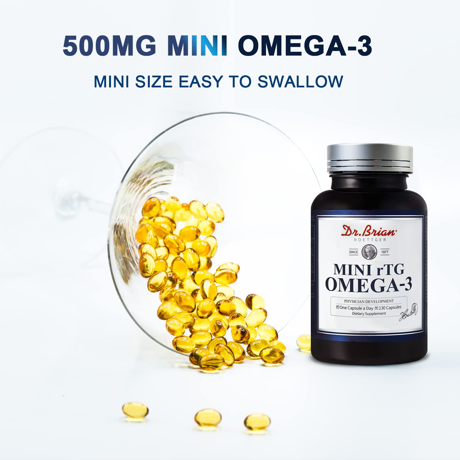 Close-up of Dr. Brian Fish Oil 130 Softgels label with rTG Omega-3