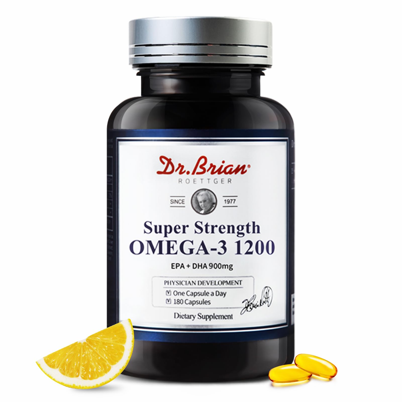 Dr. Brian Omega-3 1200mg lemon flavored softgels bottle facing front