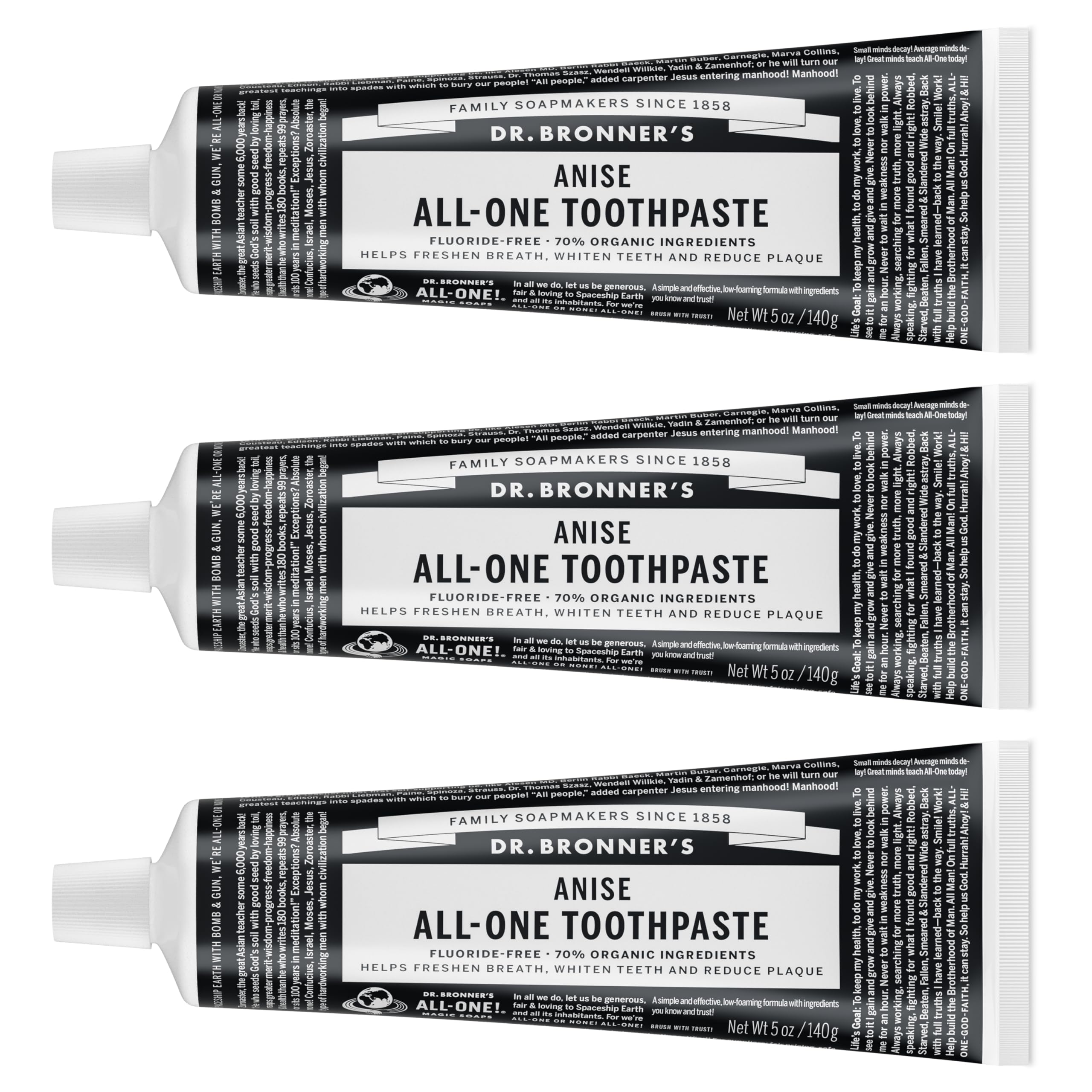 Packaging for Dr. Bronner’s All-One Toothpaste Anise flavor, 5 oz, 3-pack