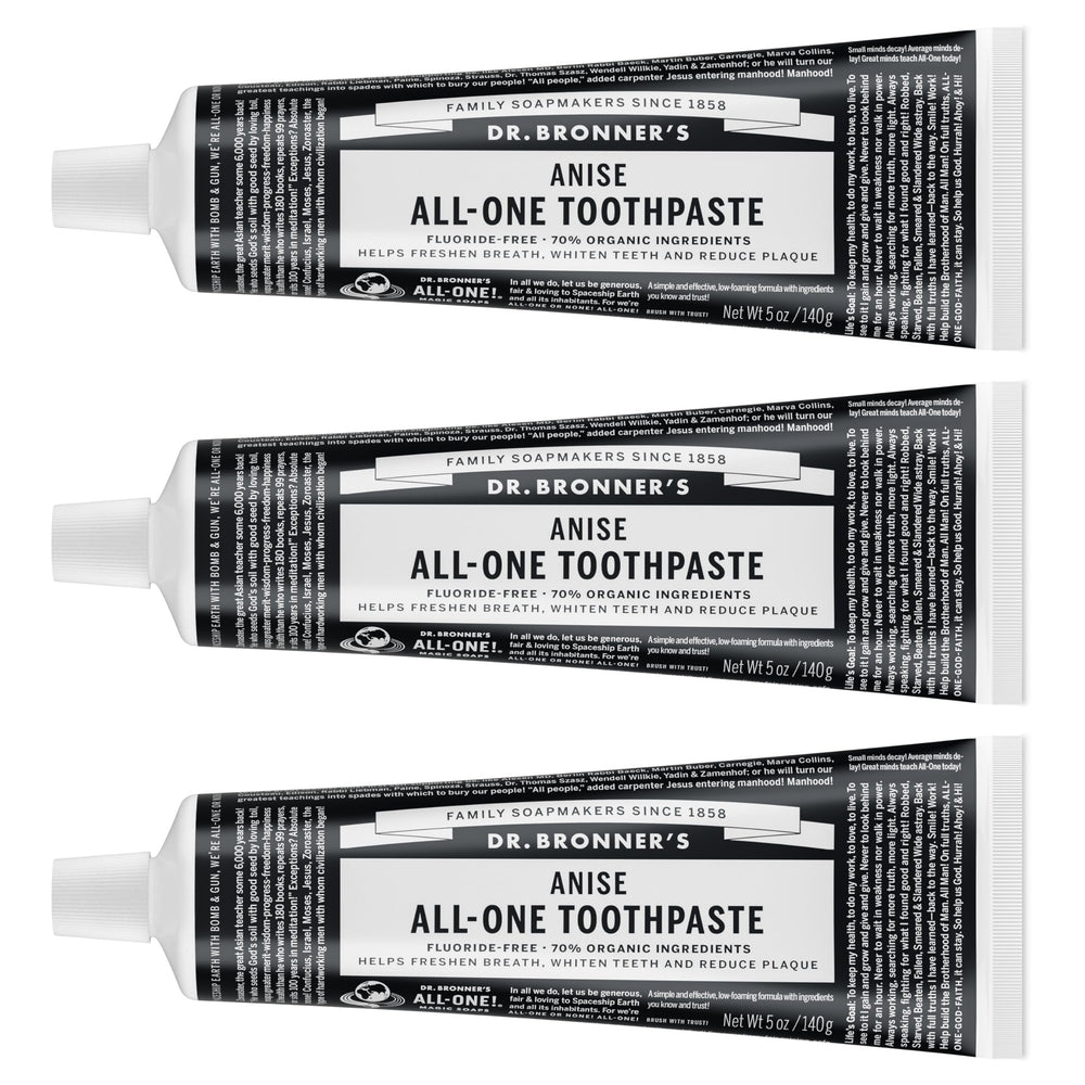 Packaging for Dr. Bronner’s All-One Toothpaste Anise flavor, 5 oz, 3-pack