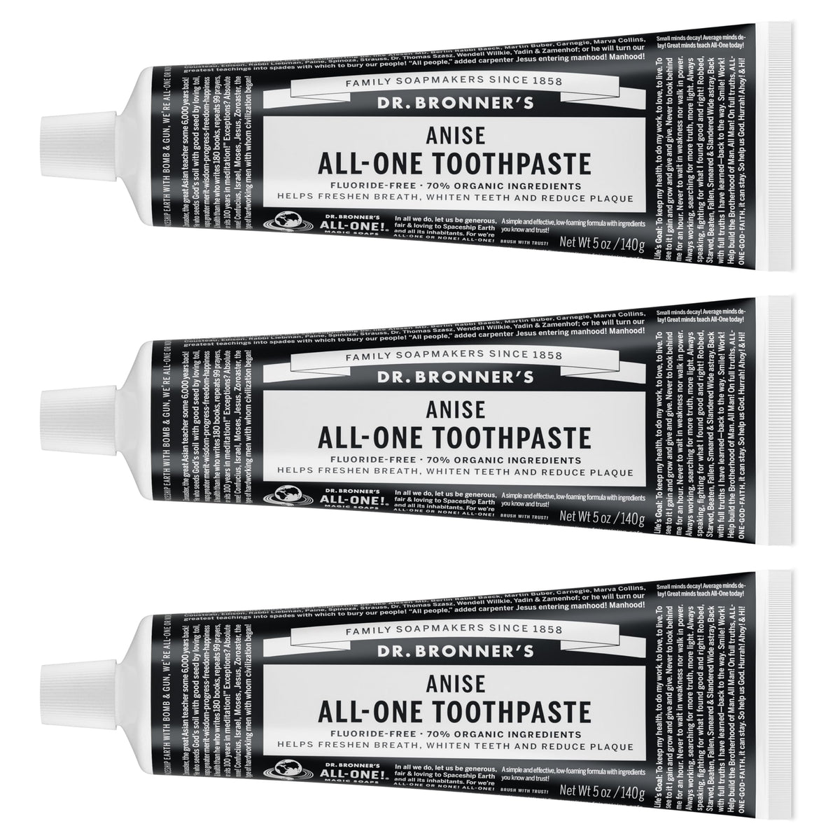 Packaging for Dr. Bronner’s All-One Toothpaste Anise flavor, 5 oz, 3-pack
